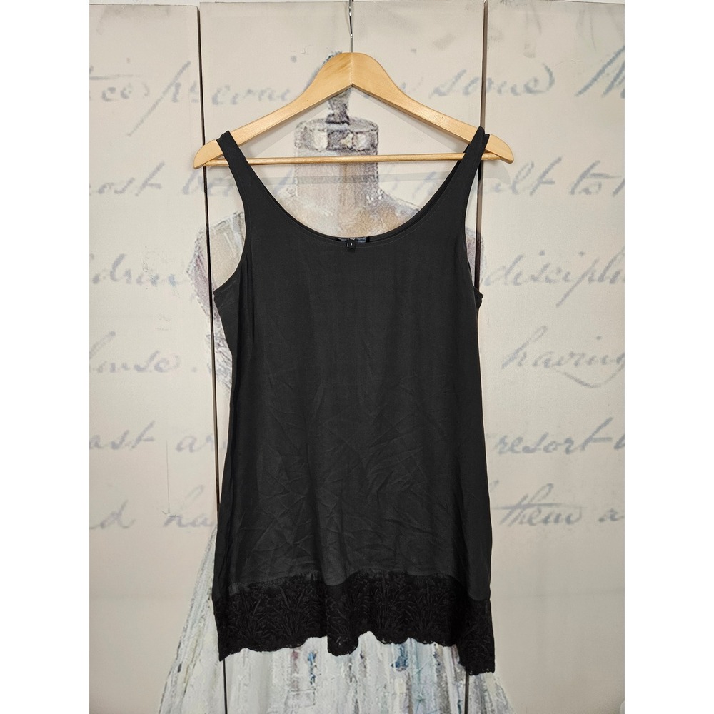 Eileen Fisher Silk Camisole Tank Top Small Black Lace Trim Scoop Neck Sleeveless